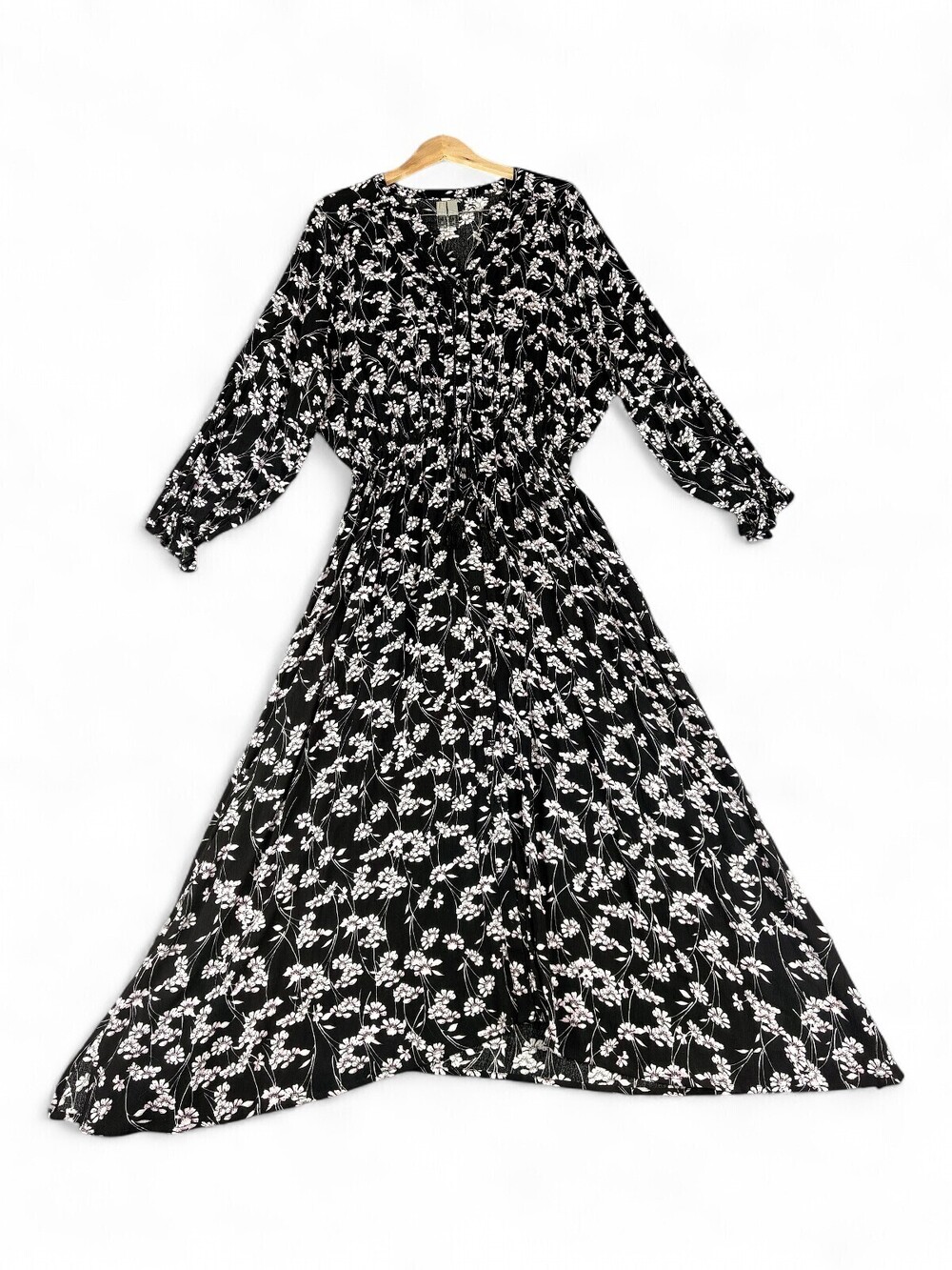 American Rag 1X Black Floral Long Sleeve Maxi Dress